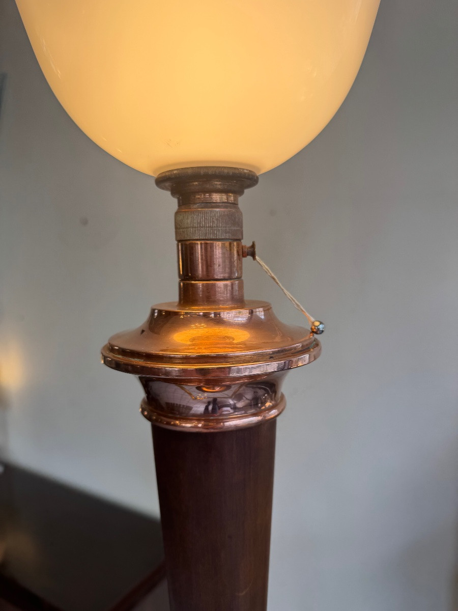 Large Mazda Art Deco Lamp In White Opaline, Walnut And Copper (1930s Art Deco Lamps) -photo-3