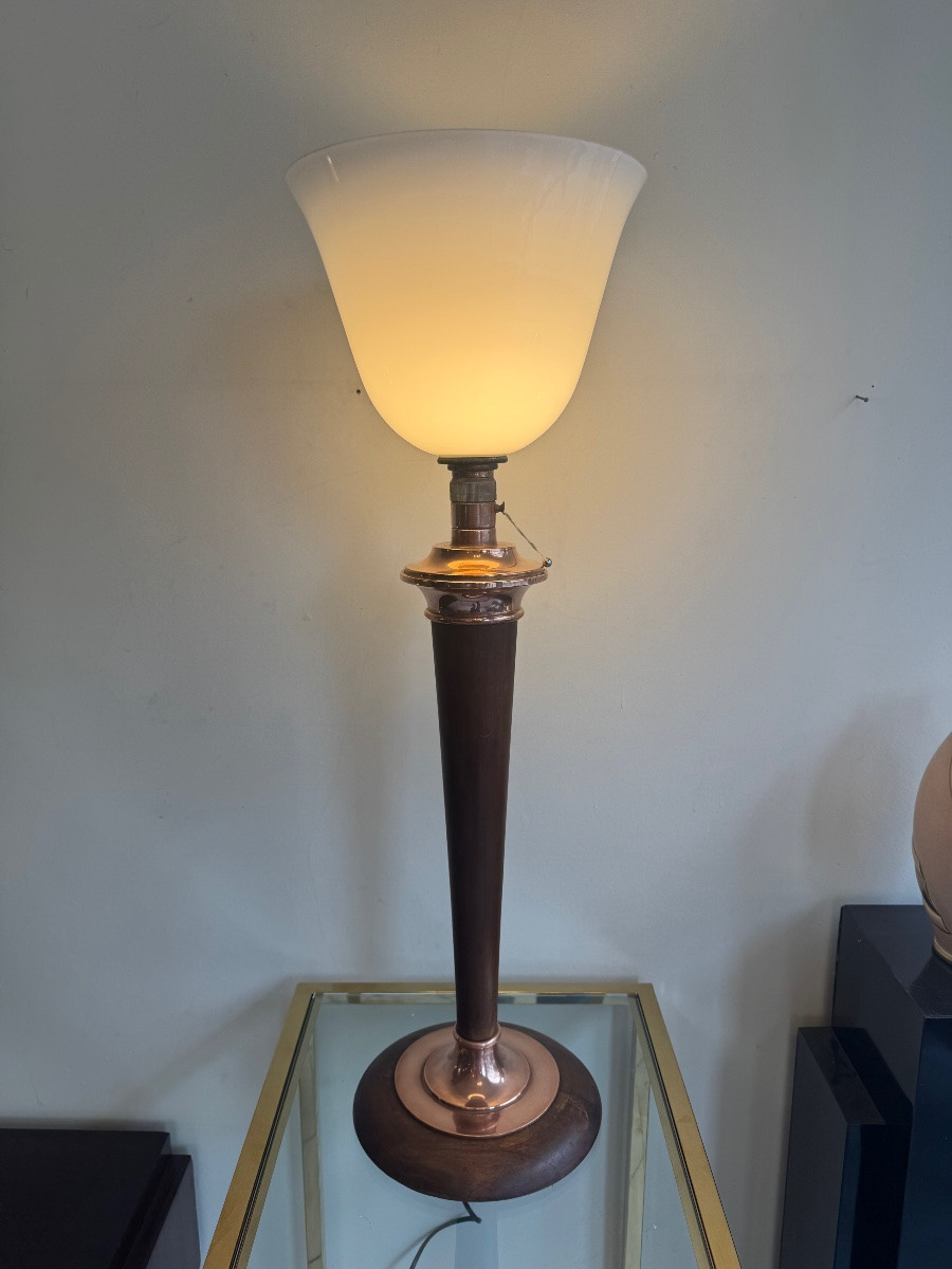 Large Mazda Art Deco Lamp In White Opaline, Walnut And Copper (1930s Art Deco Lamps) -photo-4