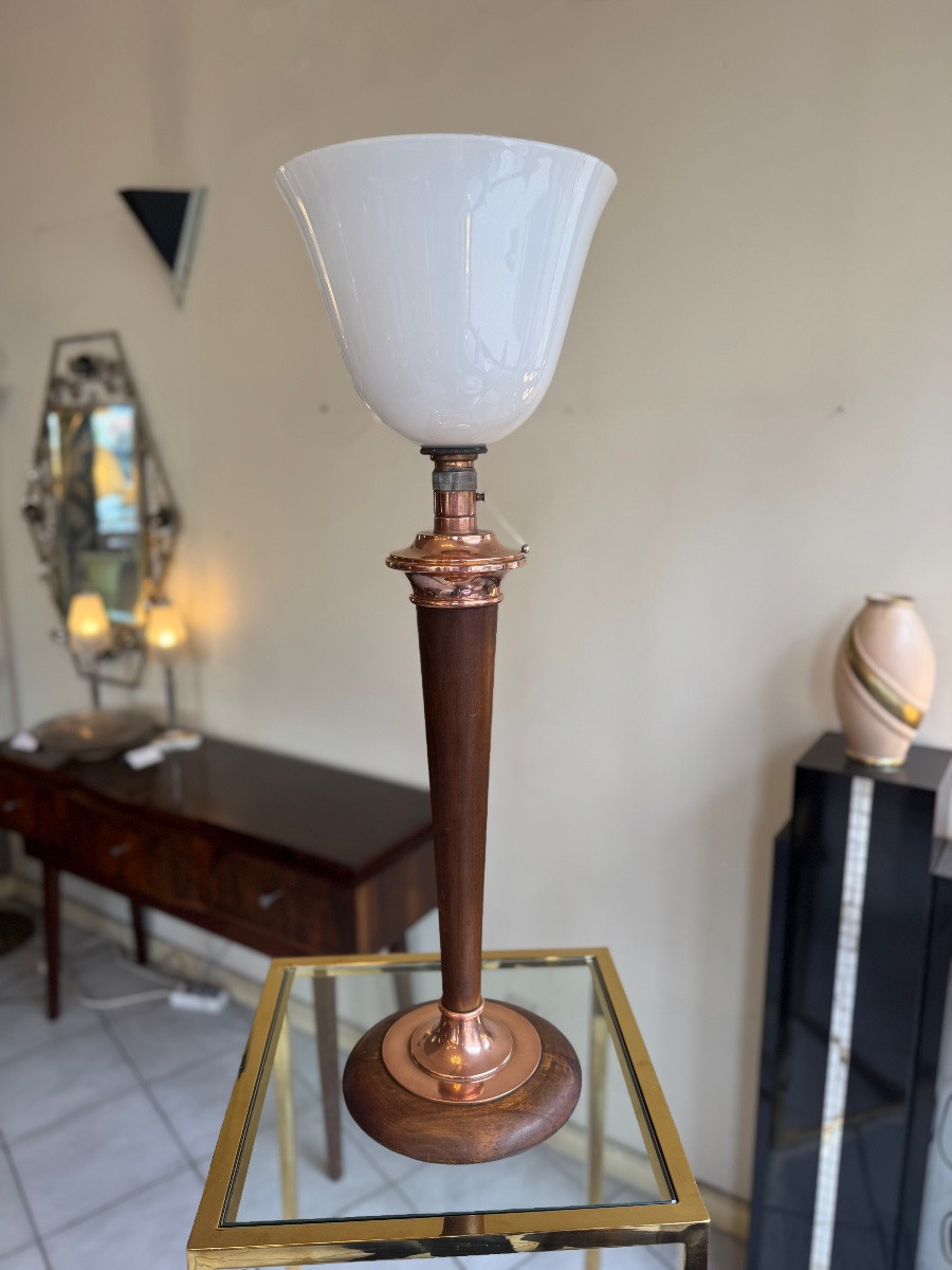 Large Mazda Art Deco Lamp In White Opaline, Walnut And Copper (1930s Art Deco Lamps) -photo-6