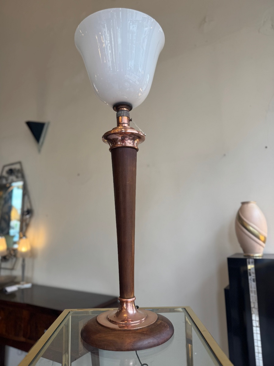 Large Mazda Art Deco Lamp In White Opaline, Walnut And Copper (1930s Art Deco Lamps) -photo-7