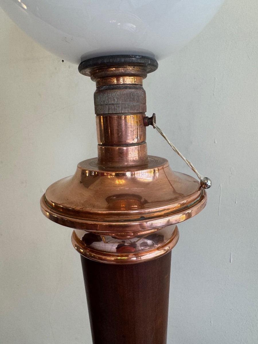 Large Mazda Art Deco Lamp In White Opaline, Walnut And Copper (1930s Art Deco Lamps) -photo-8