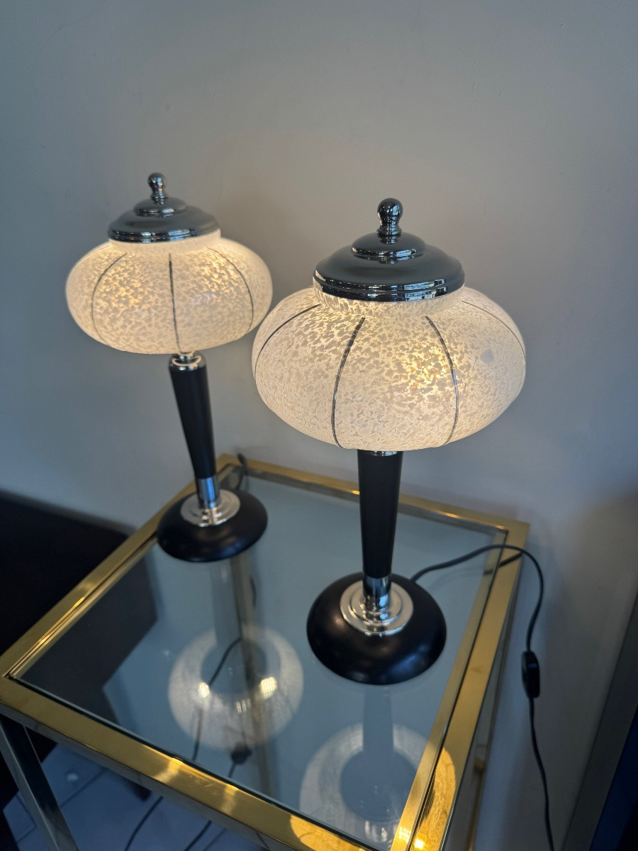 Paire de Lampes Art Déco Verreries de Clichy / bois teinté et chrome ( lampe art deco 1930 ) -photo-2