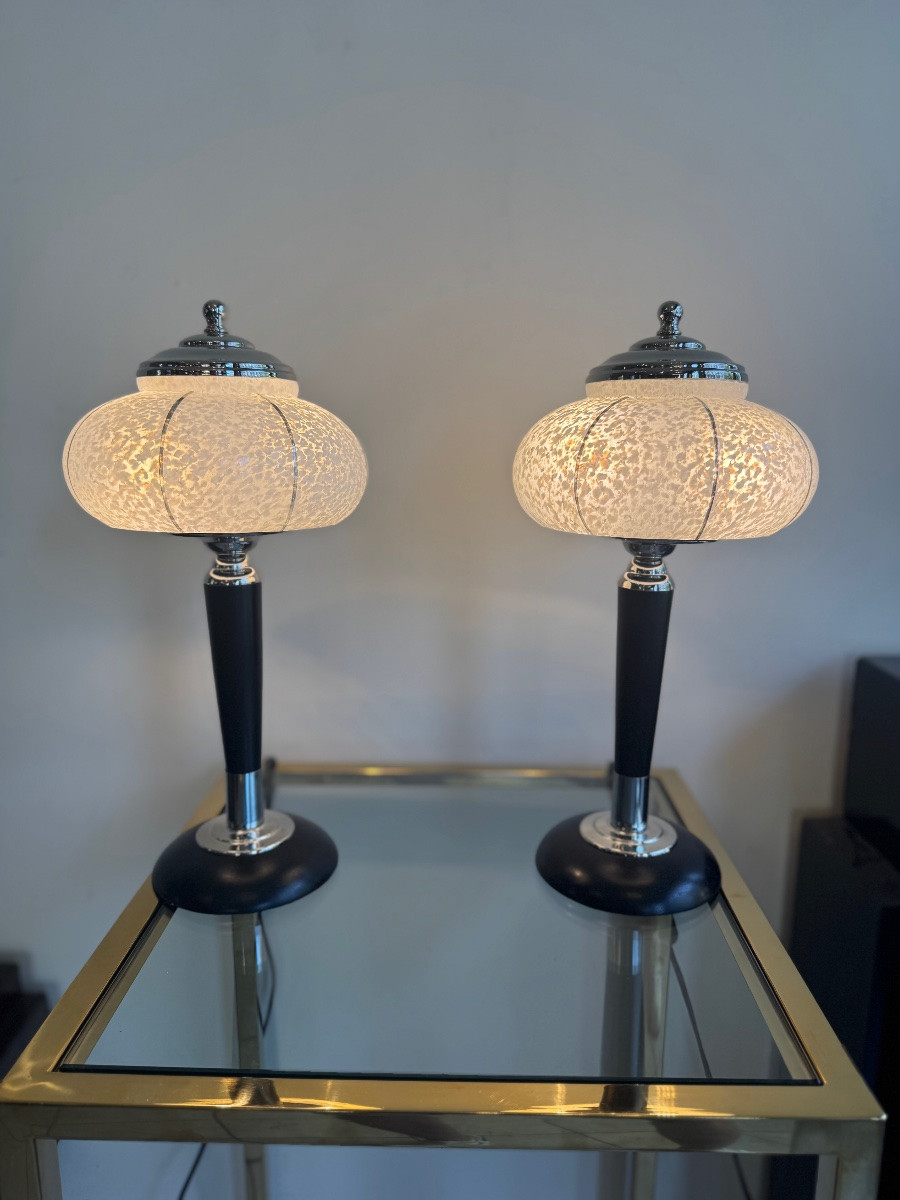 Paire de Lampes Art Déco Verreries de Clichy / bois teinté et chrome ( lampe art deco 1930 ) -photo-3