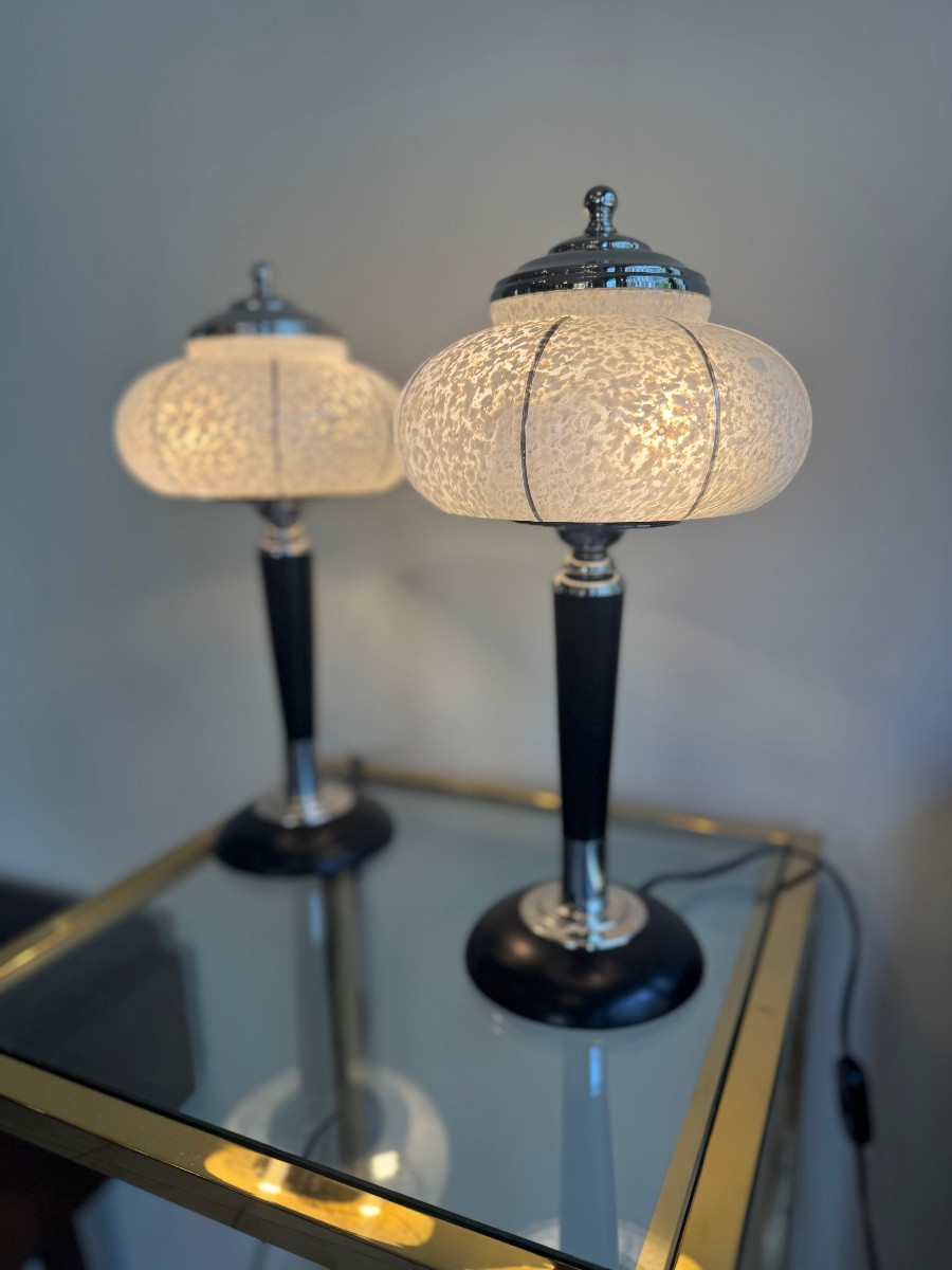 Paire de Lampes Art Déco Verreries de Clichy / bois teinté et chrome ( lampe art deco 1930 ) -photo-4