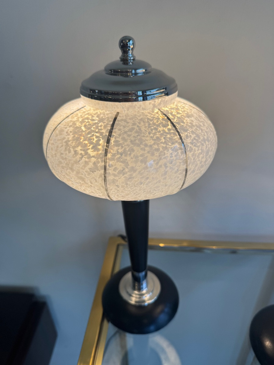 Paire de Lampes Art Déco Verreries de Clichy / bois teinté et chrome ( lampe art deco 1930 ) -photo-1