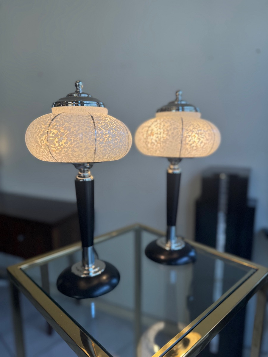 Paire de Lampes Art Déco Verreries de Clichy / bois teinté et chrome ( lampe art deco 1930 ) -photo-3