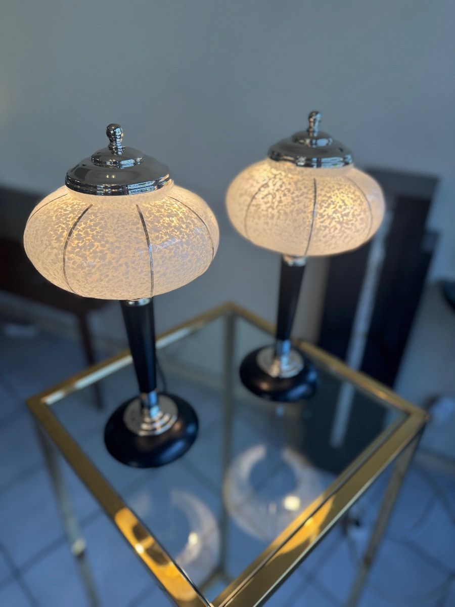 Paire de Lampes Art Déco Verreries de Clichy / bois teinté et chrome ( lampe art deco 1930 ) -photo-4