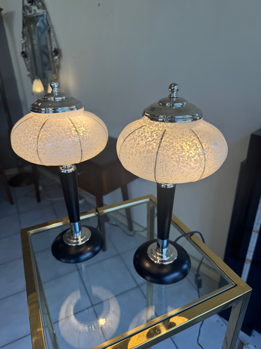 Paire de Lampes Art Déco Verreries de Clichy / bois teinté et chrome ( lampe art deco 1930 ) -photo-5