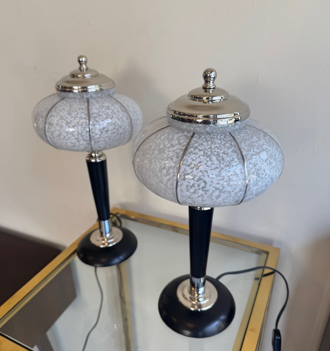 Paire de Lampes Art Déco Verreries de Clichy / bois teinté et chrome ( lampe art deco 1930 ) -photo-7
