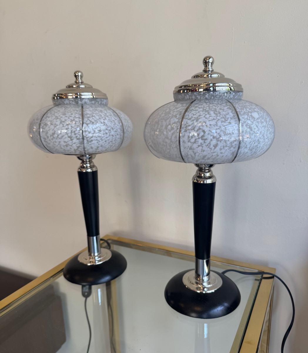 Paire de Lampes Art Déco Verreries de Clichy / bois teinté et chrome ( lampe art deco 1930 ) -photo-8