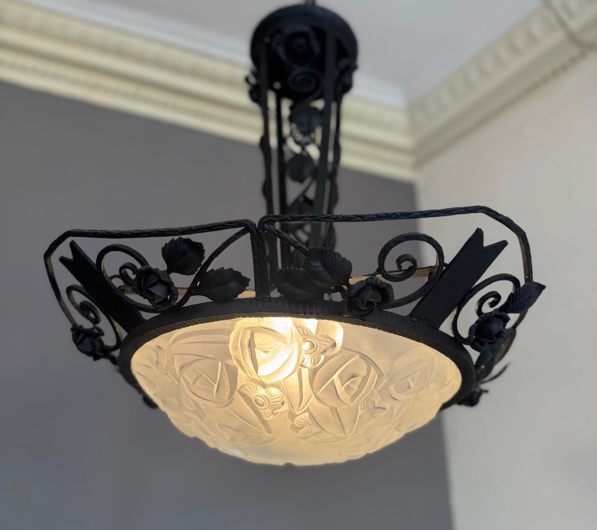 Art Deco Chandelier / Suspension Basin With Roses Signed Degué / Wrought Iron (art Deco Chandeliers 1930) -photo-2