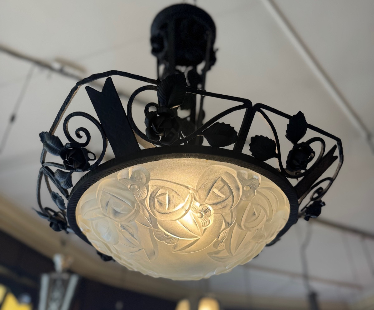Art Deco Chandelier / Suspension Basin With Roses Signed Degué / Wrought Iron (art Deco Chandeliers 1930) -photo-3