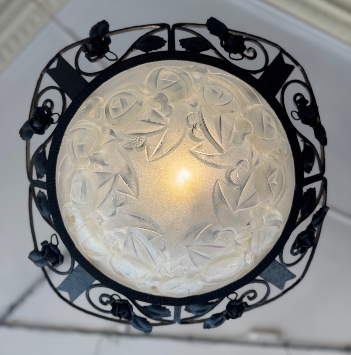 Art Deco Chandelier / Suspension Basin With Roses Signed Degué / Wrought Iron (art Deco Chandeliers 1930) -photo-4