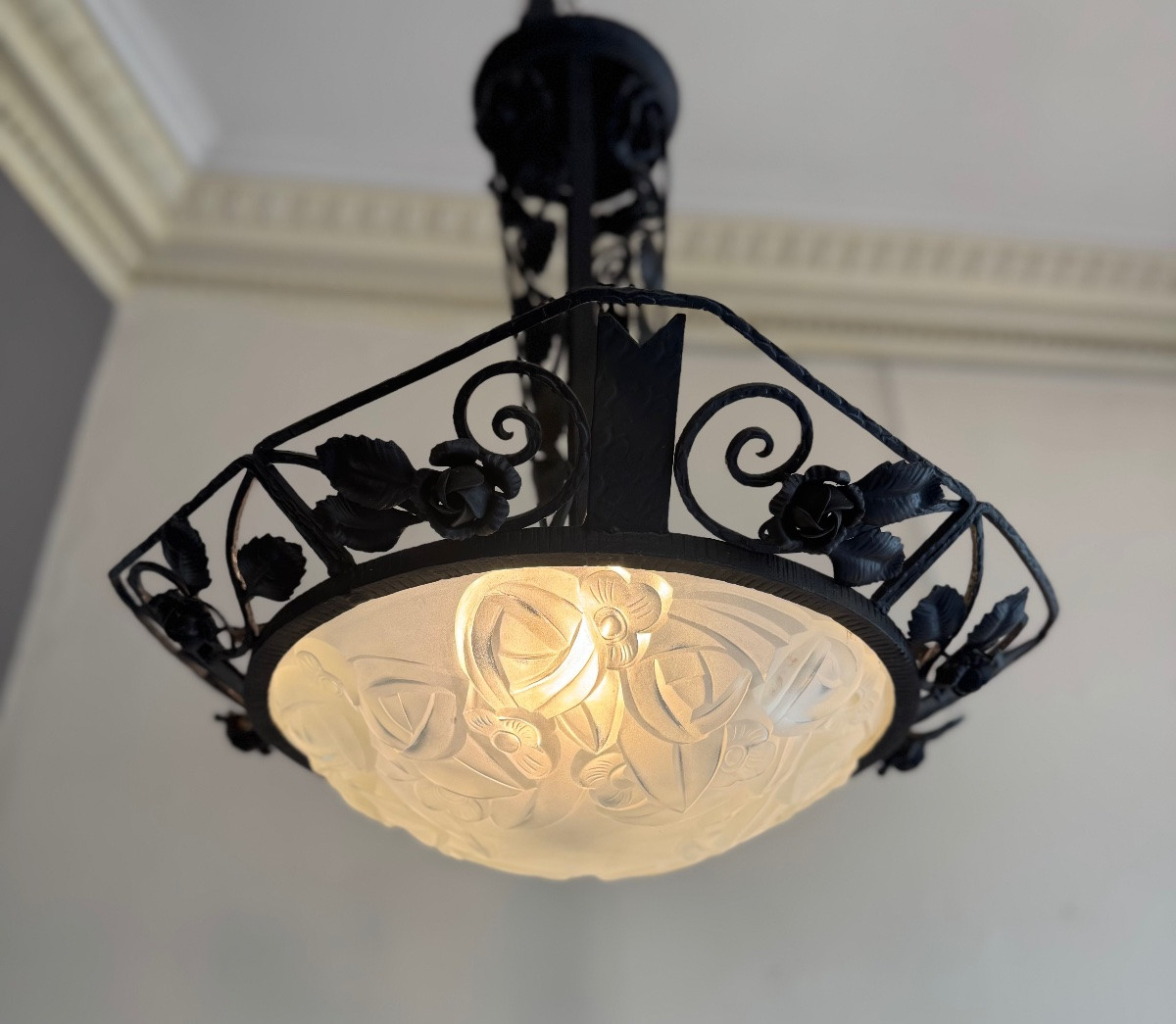 Art Deco Chandelier / Suspension Basin With Roses Signed Degué / Wrought Iron (art Deco Chandeliers 1930) -photo-2
