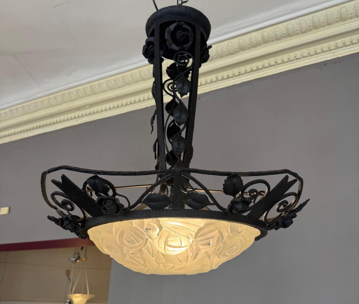 Art Deco Chandelier / Suspension Basin With Roses Signed Degué / Wrought Iron (art Deco Chandeliers 1930) -photo-3
