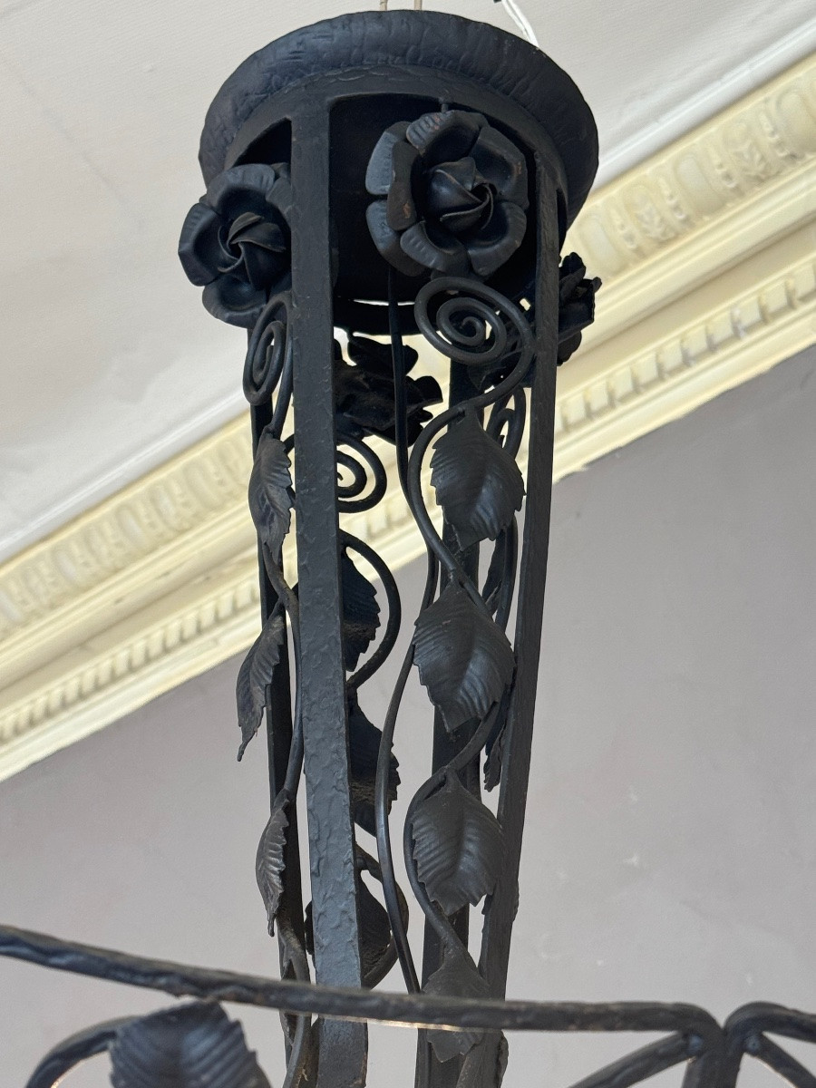 Art Deco Chandelier / Suspension Basin With Roses Signed Degué / Wrought Iron (art Deco Chandeliers 1930) -photo-4