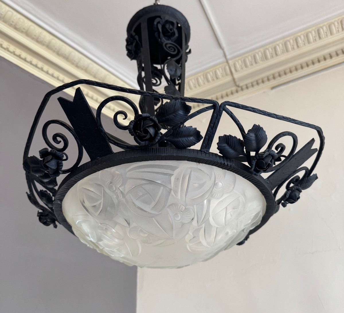Art Deco Chandelier / Suspension Basin With Roses Signed Degué / Wrought Iron (art Deco Chandeliers 1930) -photo-5