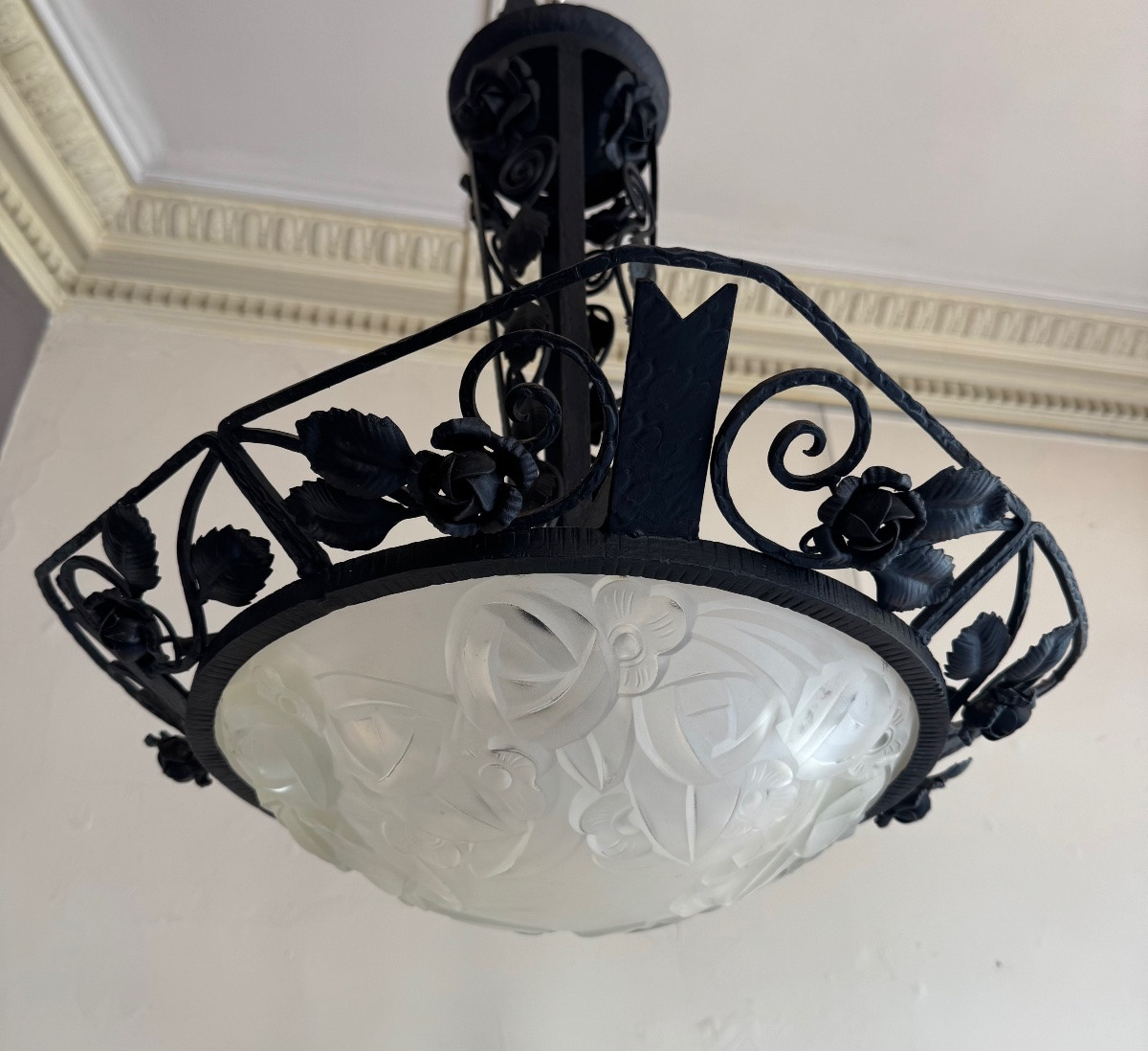 Art Deco Chandelier / Suspension Basin With Roses Signed Degué / Wrought Iron (art Deco Chandeliers 1930) -photo-6