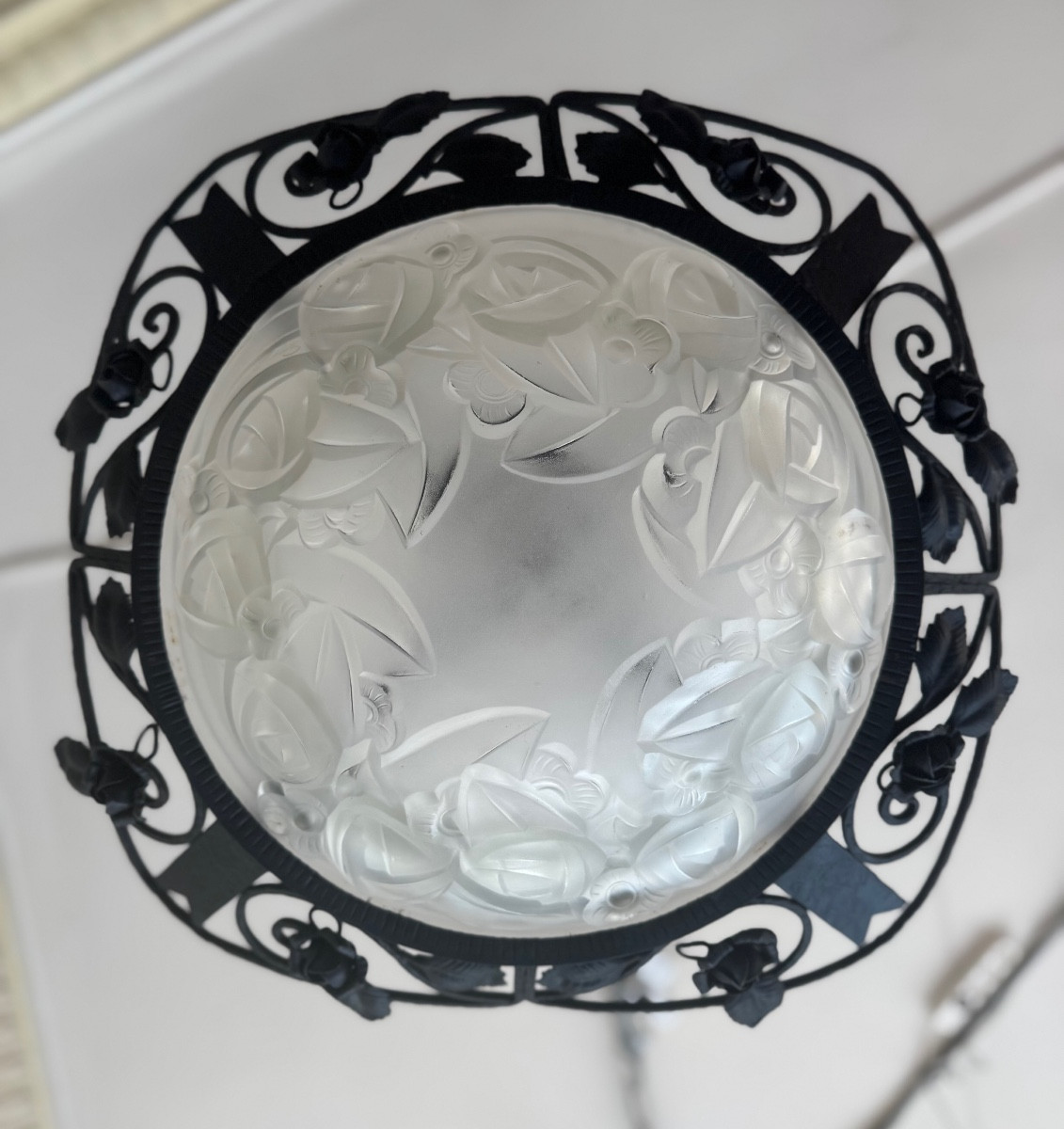 Art Deco Chandelier / Suspension Basin With Roses Signed Degué / Wrought Iron (art Deco Chandeliers 1930) -photo-8