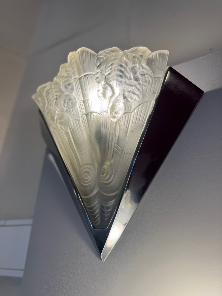 Pair Of Art Deco Wall Lights Signed Noverdy France / Nickel-plated Metal (art Deco Wall Light 1930) -photo-3