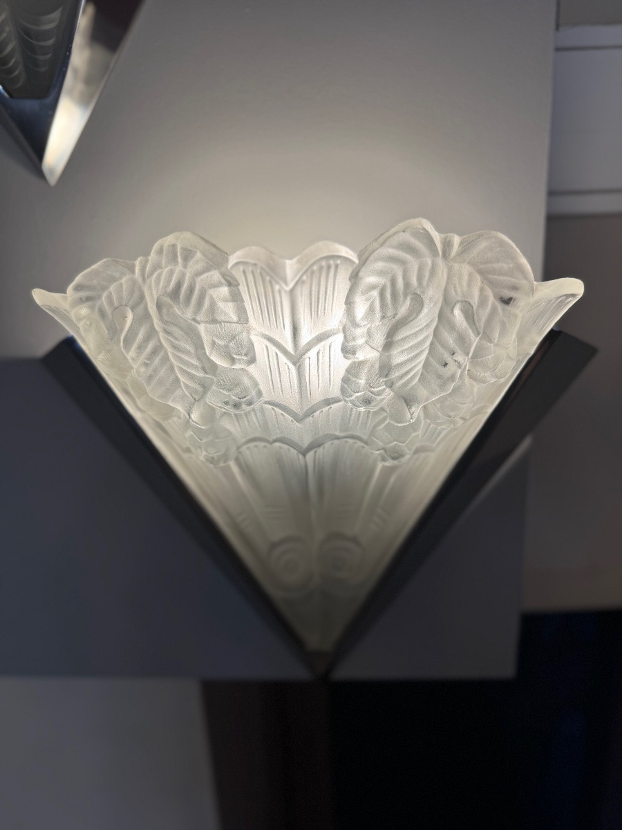 Pair Of Art Deco Wall Lights Signed Noverdy France / Nickel-plated Metal (art Deco Wall Light 1930) -photo-5