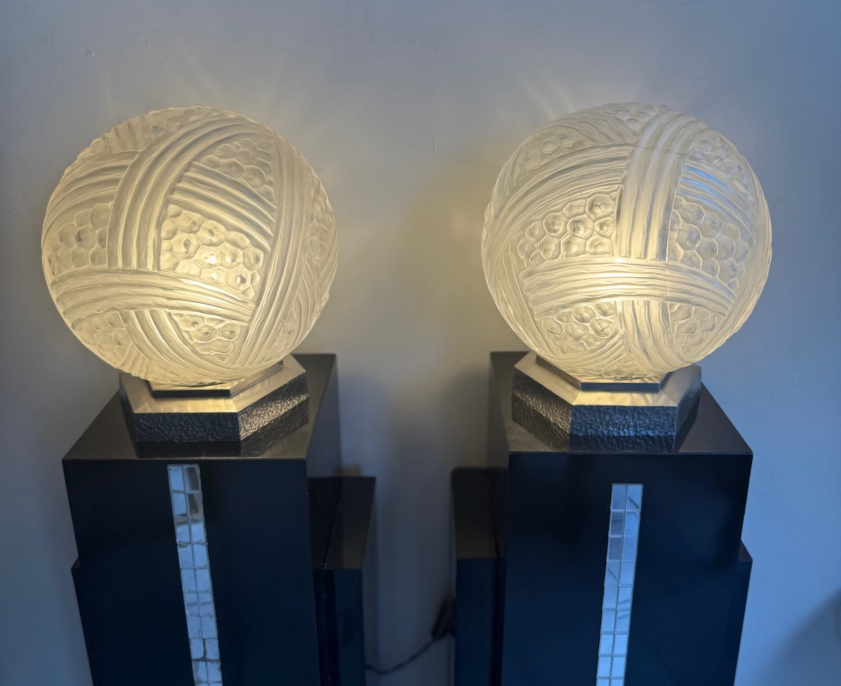 Importante Paire de Lampes Hettier & Vincent «  Boule Turbans » bronze ( lampe art deco 1930 ) -photo-3