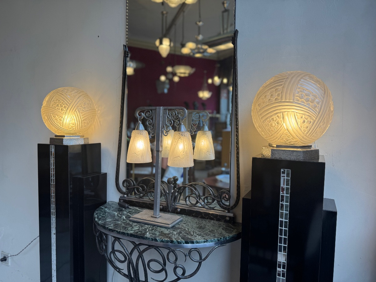 Importante Paire de Lampes Hettier & Vincent «  Boule Turbans » bronze ( lampe art deco 1930 ) -photo-5