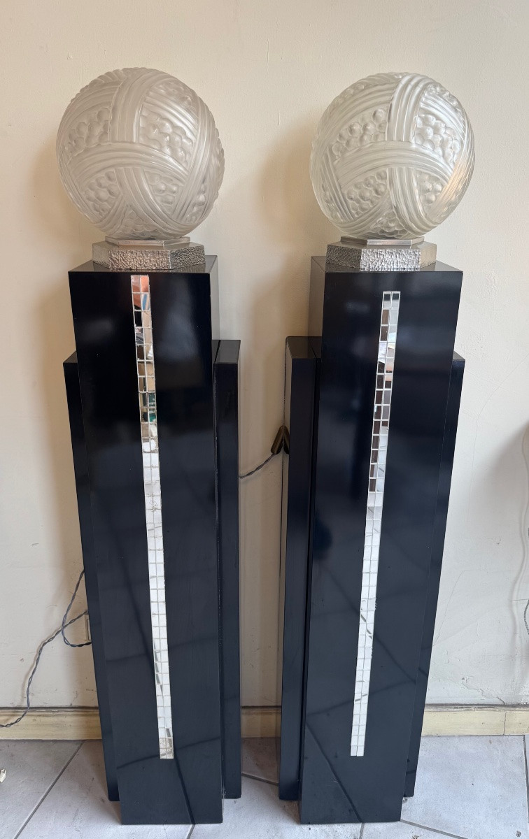 Importante Paire de Lampes Hettier & Vincent «  Boule Turbans » bronze ( lampe art deco 1930 ) -photo-6