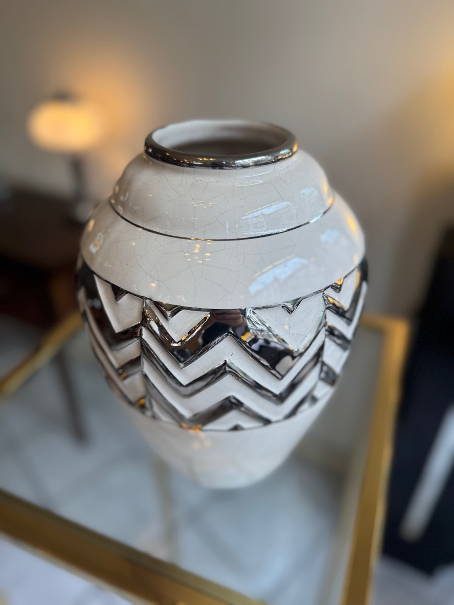 Large Art Deco Vase Odyv (vierzon) Cracked Earthenware With Chrome Decoration (art Deco Vases 1930-photo-4