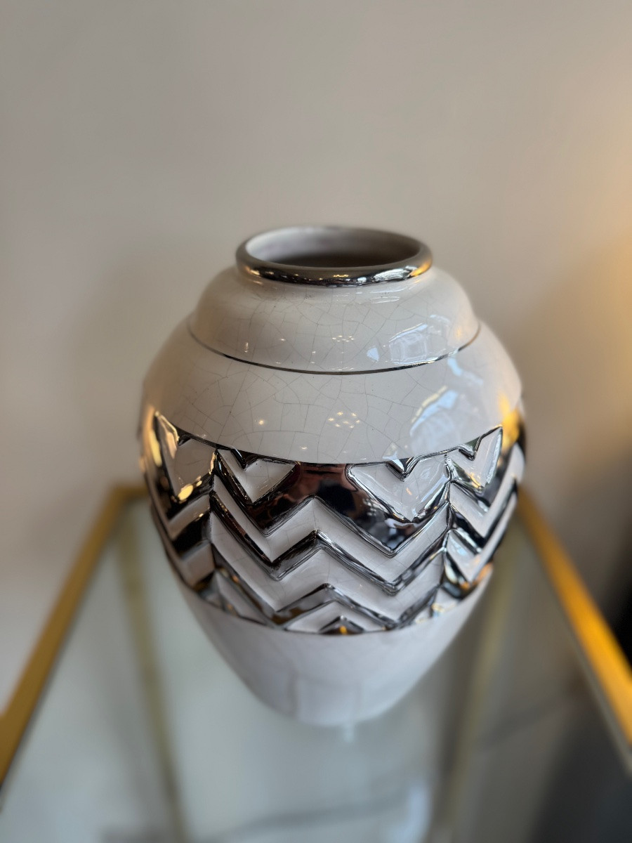 Large Art Deco Vase Odyv (vierzon) Cracked Earthenware With Chrome Decoration (art Deco Vases 1930-photo-5