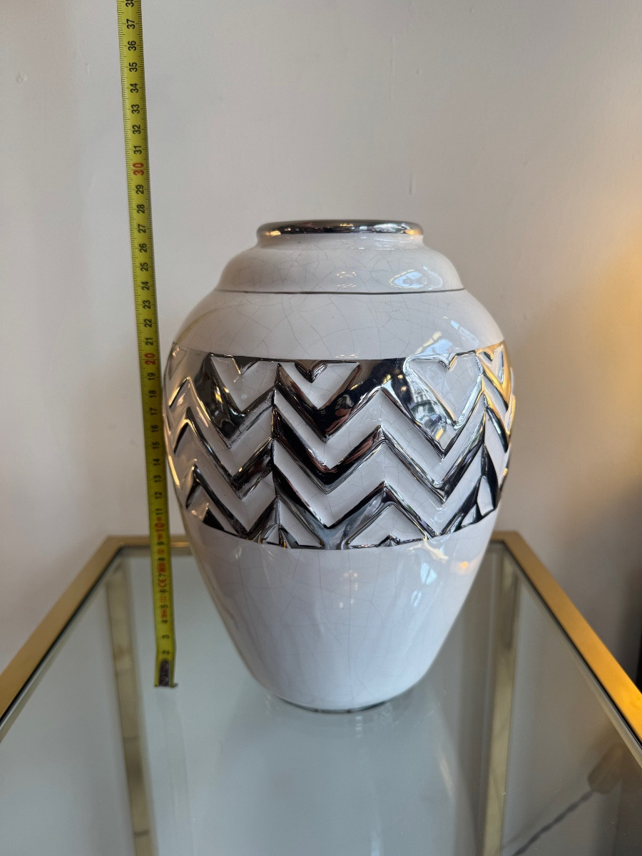 Large Art Deco Vase Odyv (vierzon) Cracked Earthenware With Chrome Decoration (art Deco Vases 1930-photo-8