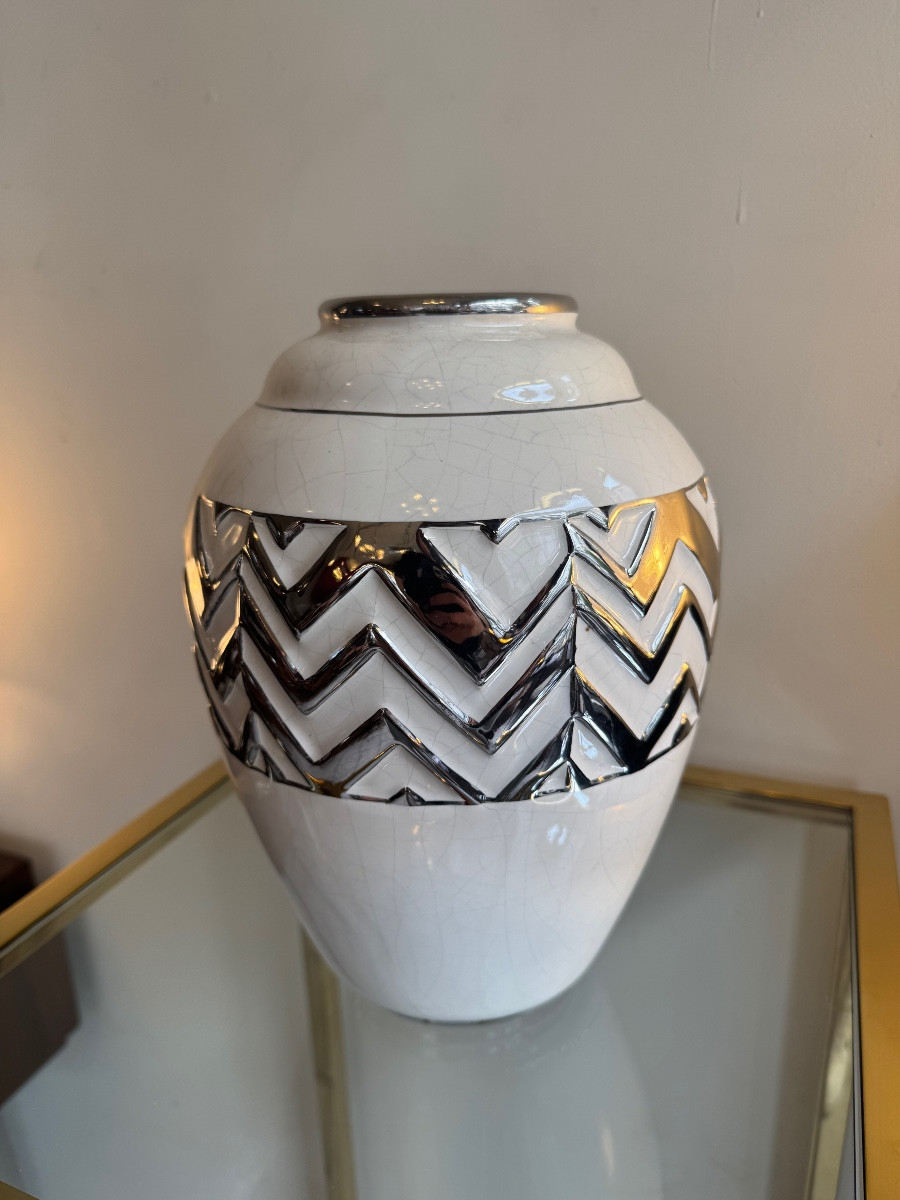 Large Art Deco Vase Odyv (vierzon) Cracked Earthenware With Chrome Decoration (art Deco Vases 1930
