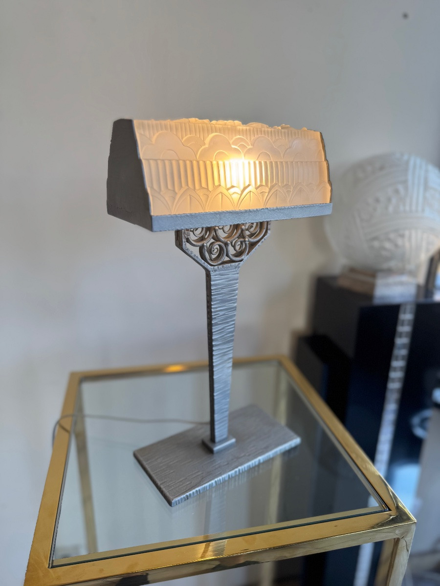 Importante Lampe de bureau Art Déco Val Saint Lambert / fer forgé patiné ( lampes art deco 1930-photo-3