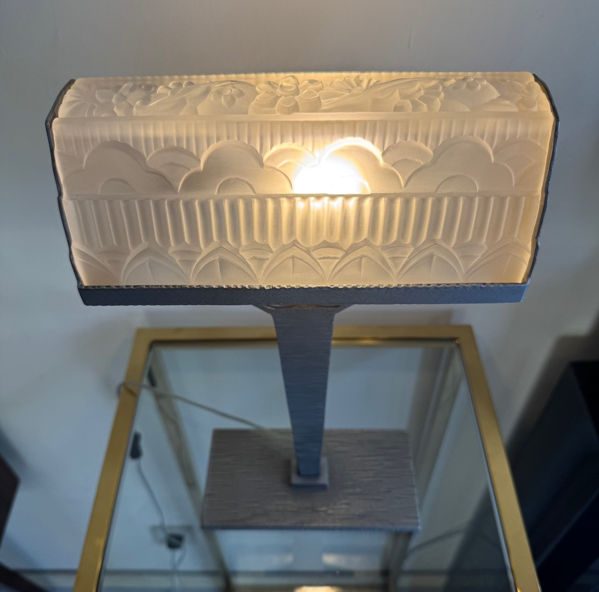 Importante Lampe de bureau Art Déco Val Saint Lambert / fer forgé patiné ( lampes art deco 1930-photo-4