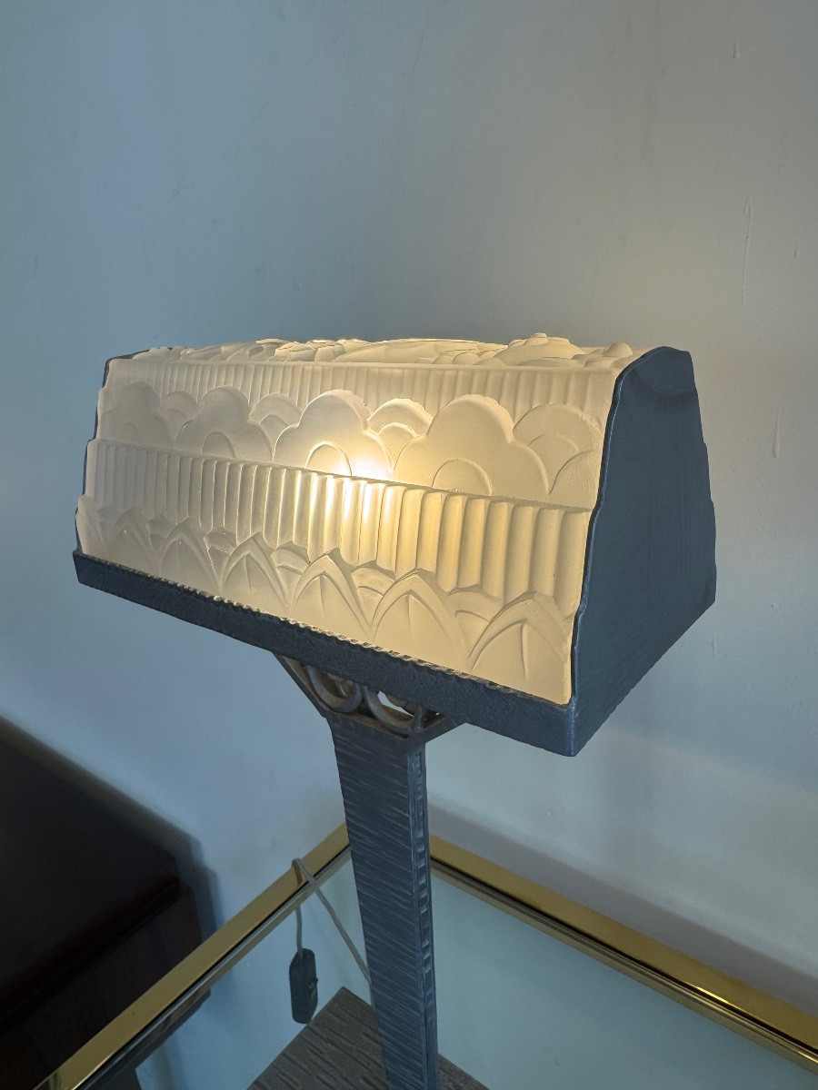 Importante Lampe de bureau Art Déco Val Saint Lambert / fer forgé patiné ( lampes art deco 1930-photo-2