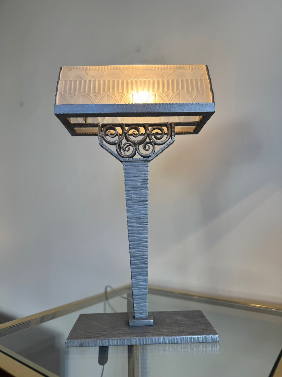 Importante Lampe de bureau Art Déco Val Saint Lambert / fer forgé patiné ( lampes art deco 1930-photo-4