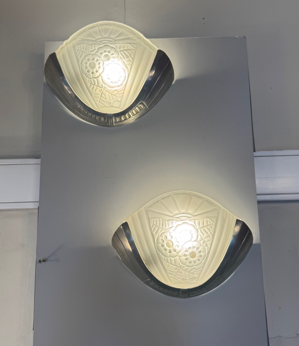 Pair Of Art Deco Wall Lights Signed Viarme France / Nickel-plated Bronze (art Deco Wall Light 1930) -photo-2