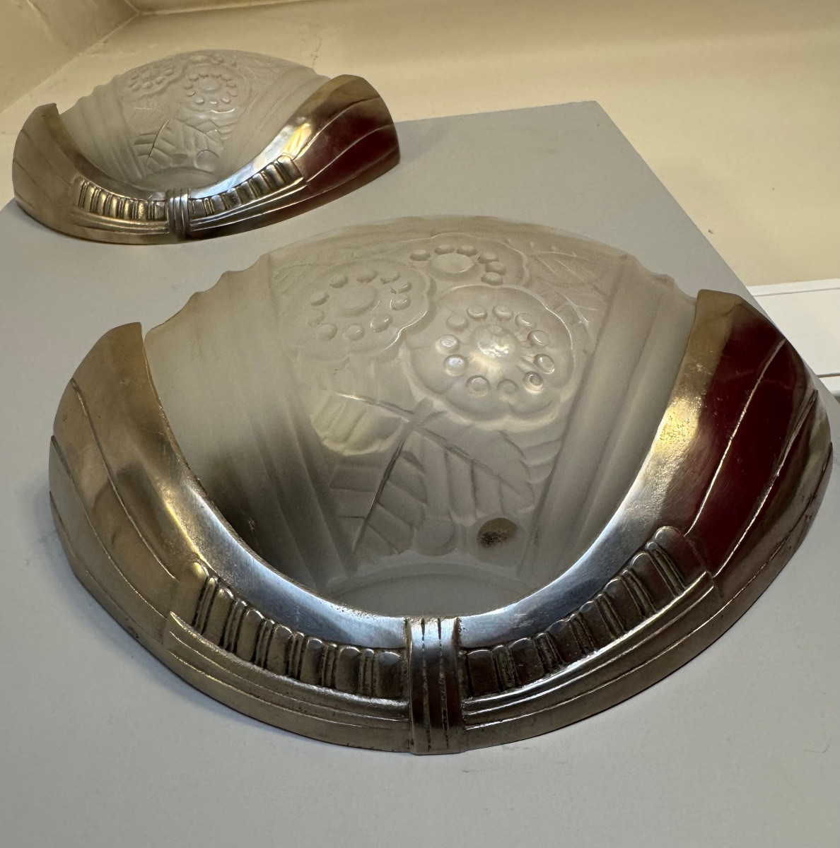 Pair Of Art Deco Wall Lights Signed Viarme France / Nickel-plated Bronze (art Deco Wall Light 1930) -photo-5