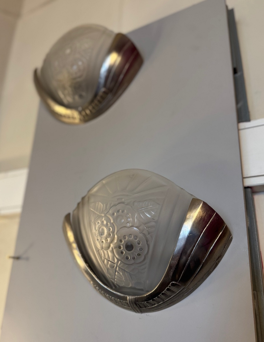 Pair Of Art Deco Wall Lights Signed Viarme France / Nickel-plated Bronze (art Deco Wall Light 1930) -photo-7