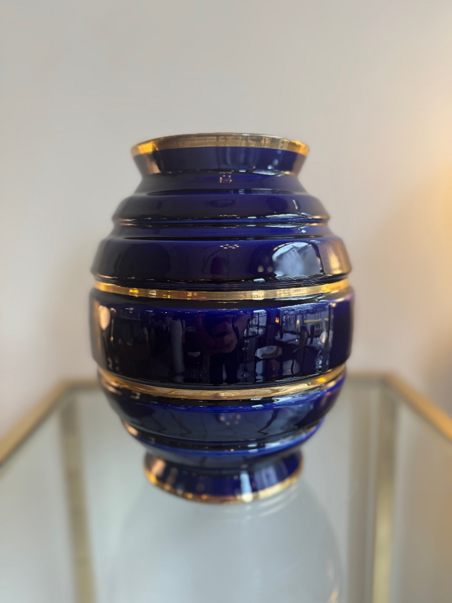 Art Deco Vase Maurice Pinon Tours Ceramics / Cobalt Blue And Gold (art Deco Vases 1930) -photo-3