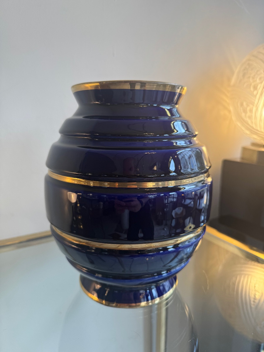 Art Deco Vase Maurice Pinon Tours Ceramics / Cobalt Blue And Gold (art Deco Vases 1930) -photo-4