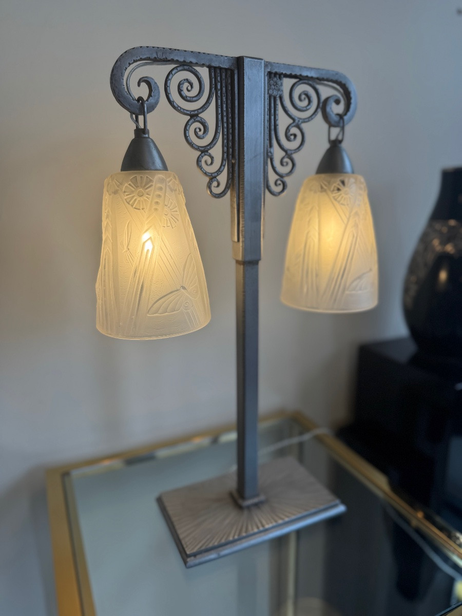 Important Art Deco Double Lamp Müller Frères And J. Vandôme Signed (art Deco Lamps 1930) -photo-2