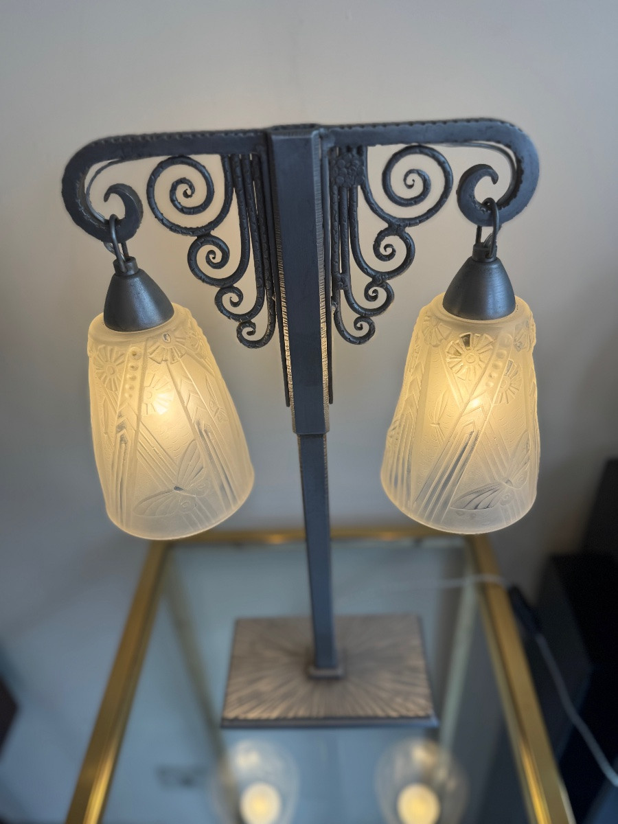 Important Art Deco Double Lamp Müller Frères And J. Vandôme Signed (art Deco Lamps 1930) -photo-3