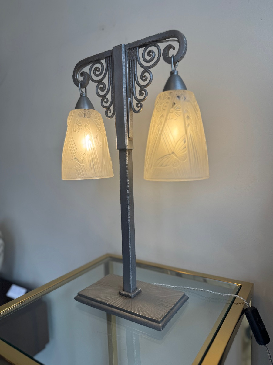 Important Art Deco Double Lamp Müller Frères And J. Vandôme Signed (art Deco Lamps 1930) -photo-4