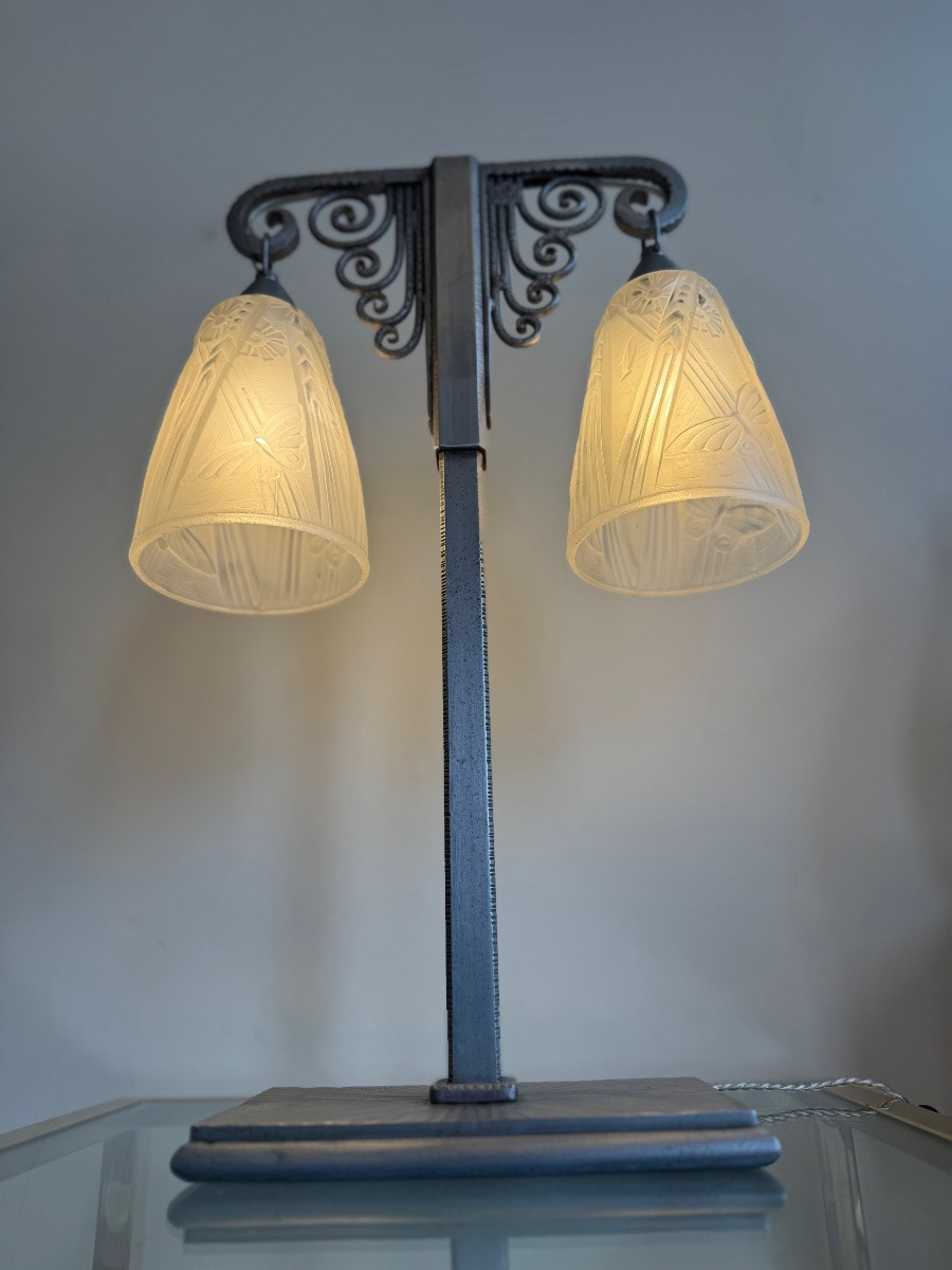Important Art Deco Double Lamp Müller Frères And J. Vandôme Signed (art Deco Lamps 1930) -photo-1