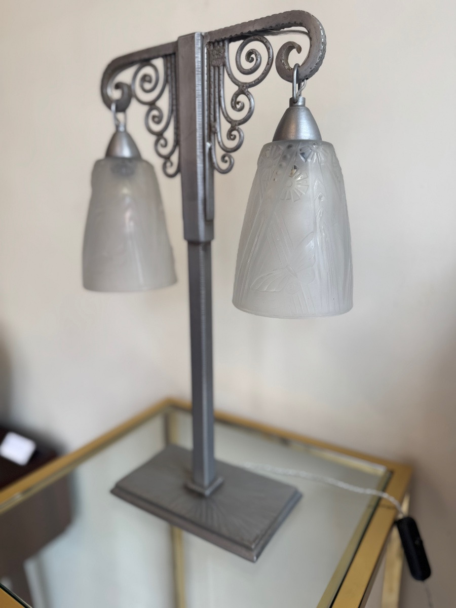 Important Art Deco Double Lamp Müller Frères And J. Vandôme Signed (art Deco Lamps 1930) -photo-5