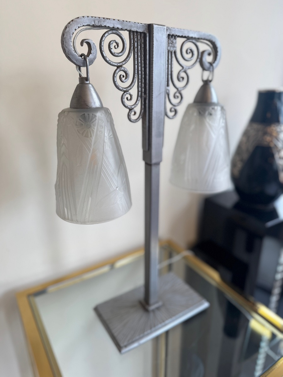 Important Art Deco Double Lamp Müller Frères And J. Vandôme Signed (art Deco Lamps 1930) -photo-6