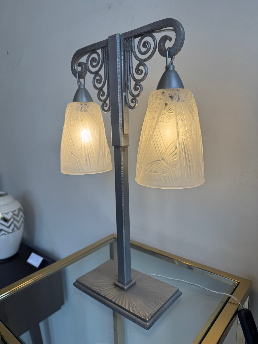 Important Art Deco Double Lamp Müller Frères And J. Vandôme Signed (art Deco Lamps 1930) -photo-8