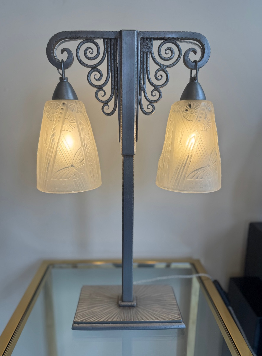 Important Art Deco Double Lamp Müller Frères And J. Vandôme Signed (art Deco Lamps 1930) 