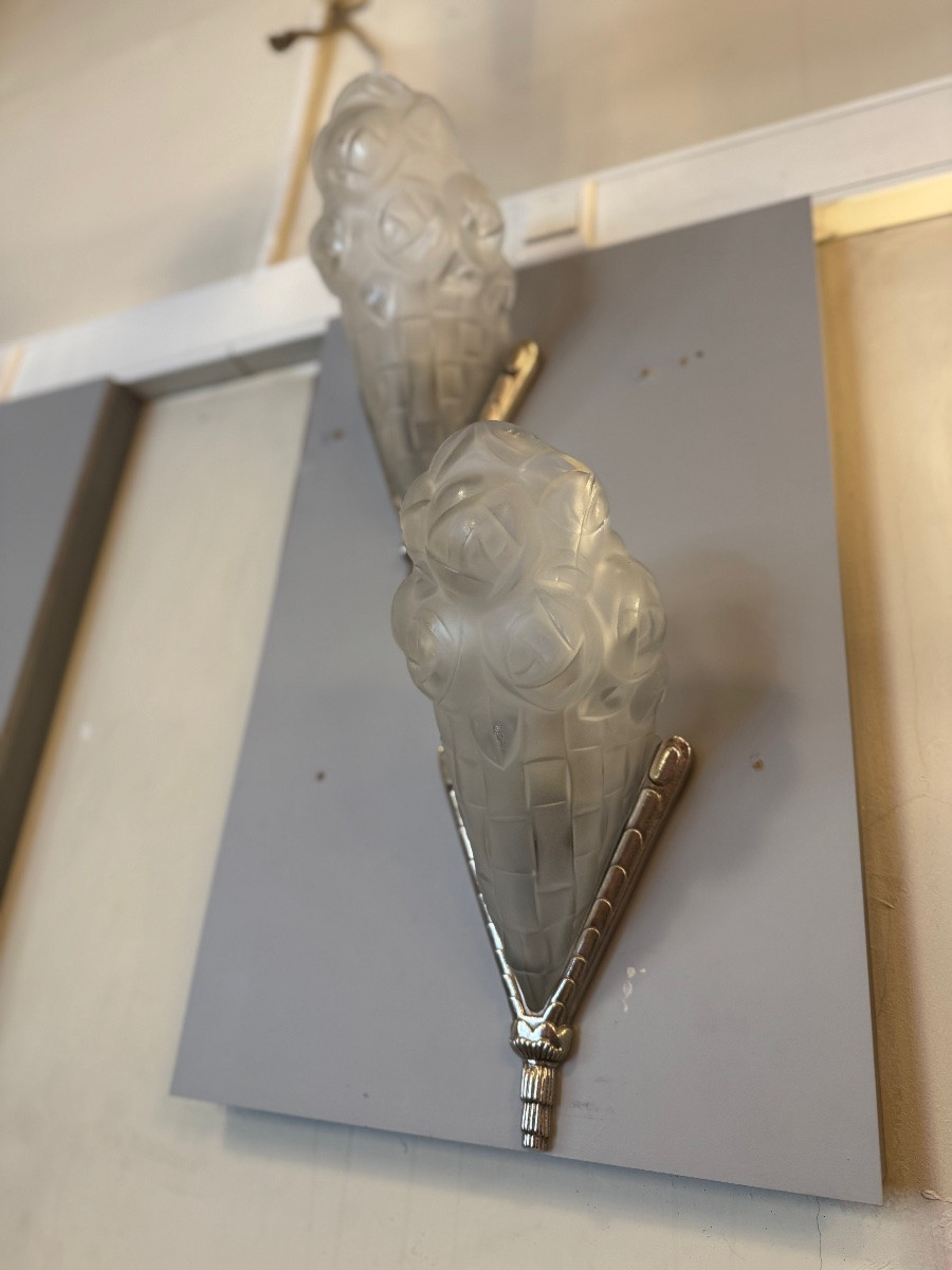 Pair Of Art Deco Wall Lights "bouquets Aux Roses" By Degué (art Deco Wall Light 1930)-photo-6